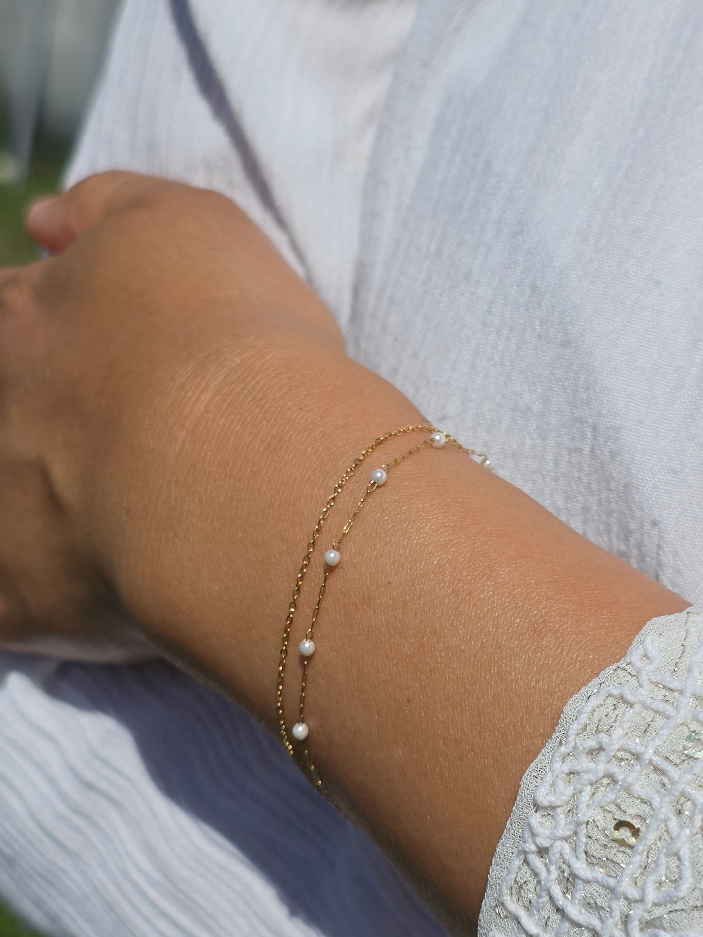Bracelet Double chaîne Perles blanches